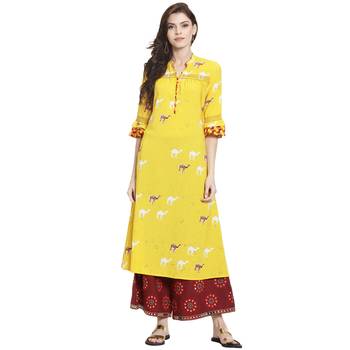 Yellow printed polyester kurti 1