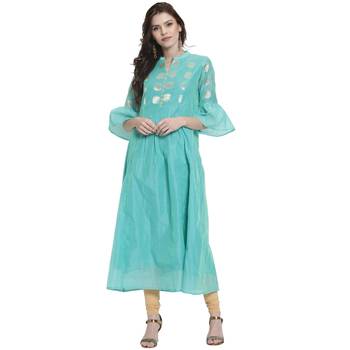 Turquoise printed chanderi kurti 1