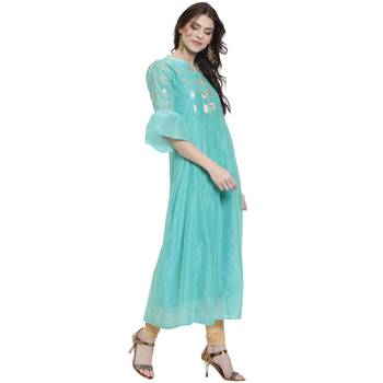 Turquoise printed chanderi kurti 2