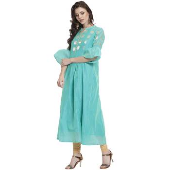 Turquoise printed chanderi kurti 3