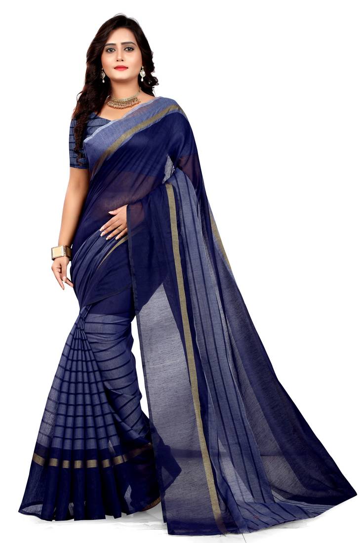 Blue plain cotton silk saree with blouse