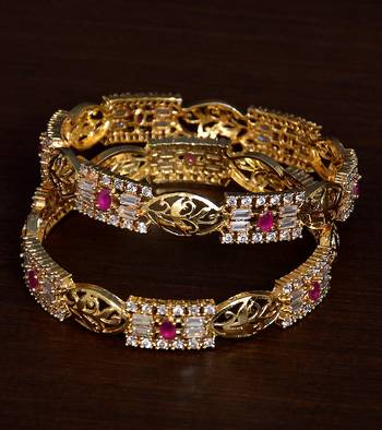 Ruby and CZ Stone Embellished Brass Made Pair of Wedding Essential Bangles 1