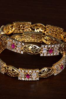 Ruby and CZ Stone Embellished Brass Made Pair of Wedding Essential Bangles