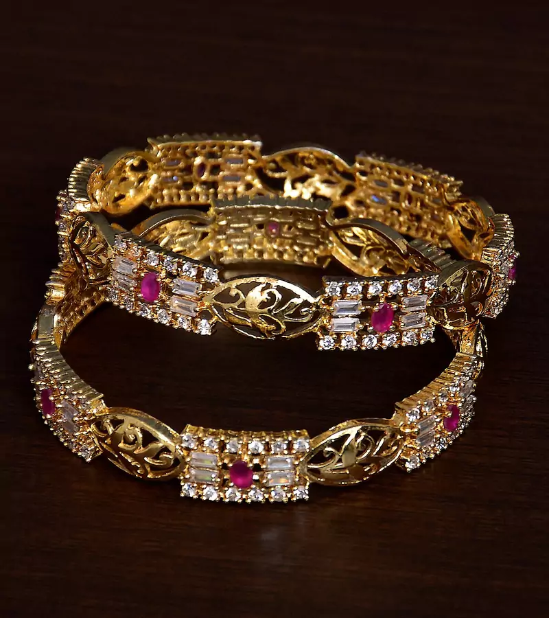 Ruby and CZ Stone Embellished Brass Made Pair of Wedding Essential Bangles