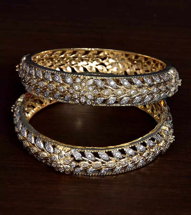 Gold Plated Brass Made CZ Stone Embellished Leaf Worked Designer Bangles for Women