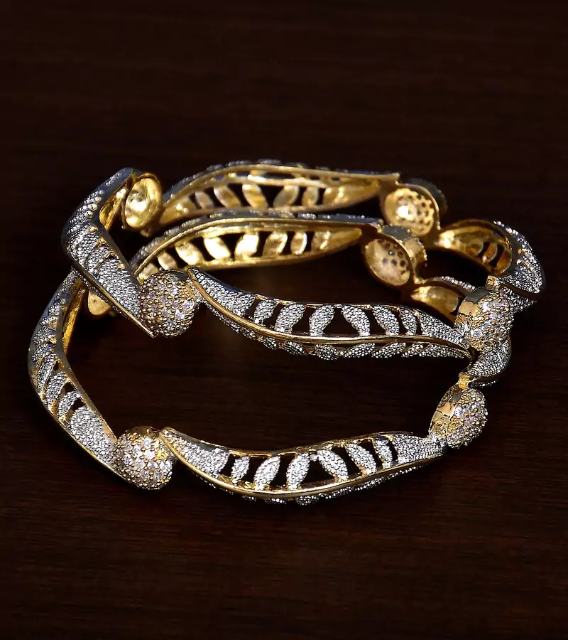 Gold Plated Brass Made CZ Stone Embellished Ball Styled Designer Bangles 