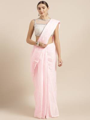 Ada Pink Hand Embroidered Cotton Lucknowi Chikankari Women Saree With Blouse - A346142 1