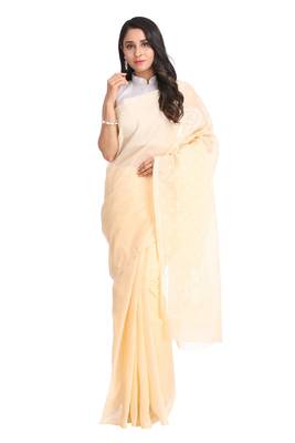Beige Embroidered Cotton Saree With Blouse 1