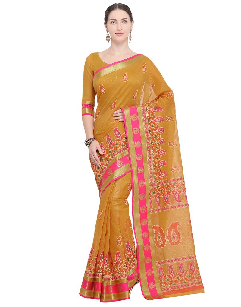 Rust printed cotton saree with blouse