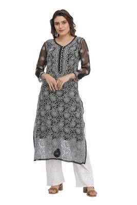 Black Embroidered Georgette Chikankari Kurti 1