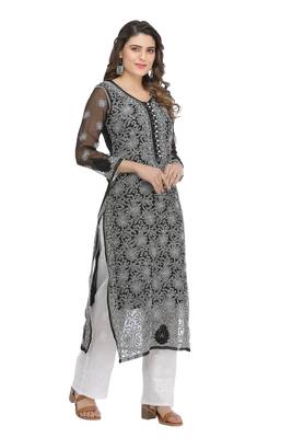 Black Embroidered Georgette Chikankari Kurti 3