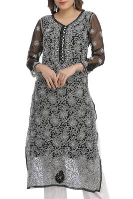Black Embroidered Georgette Chikankari Kurti 4