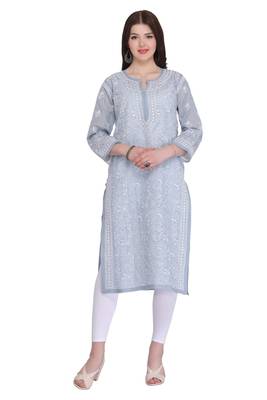 Grey Embroidered Cotton Chikankari Kurti 1