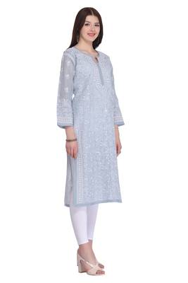 Grey Embroidered Cotton Chikankari Kurti 3