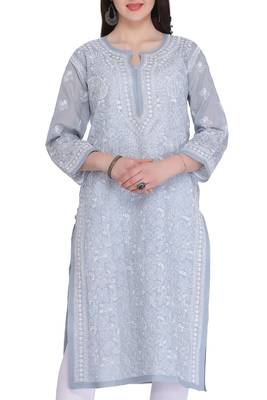 Grey Embroidered Cotton Chikankari Kurti 4