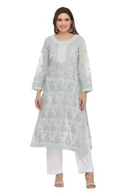 Grey Embroidered Cotton Chikankari Kurti 1