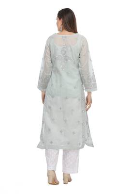 Grey Embroidered Cotton Chikankari Kurti 2
