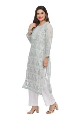 Grey Embroidered Cotton Chikankari Kurti 3