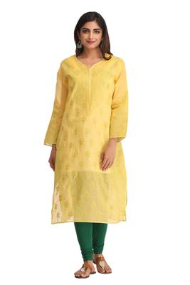 Yellow Embroidered Cotton Chikankari Kurti 1