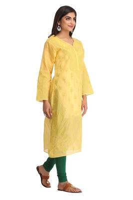 Yellow Embroidered Cotton Chikankari Kurti 3