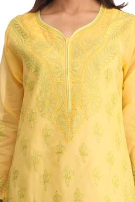 Yellow Embroidered Cotton Chikankari Kurti 4