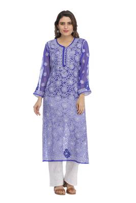 Blue Embroidered Georgette Chikankari Kurti  1