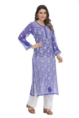 Blue Embroidered Georgette Chikankari Kurti  3