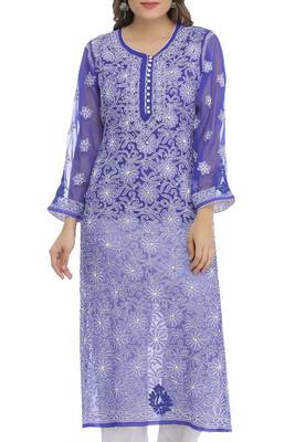 Blue Embroidered Georgette Chikankari Kurti  4