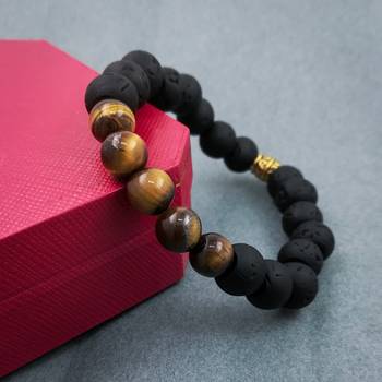 Black & Brown D'Vine 8Mm Lava Stone Hand Evil Eye Healing Yoga Beads Strand Bracelet For Women, Men, Girls, Boys 3