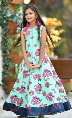 Green Printed Silk Kids Girl Gowns 1