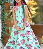 Green Printed Silk Kids Girl Gowns