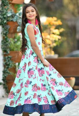 Green Printed Silk Kids Girl Gowns 3
