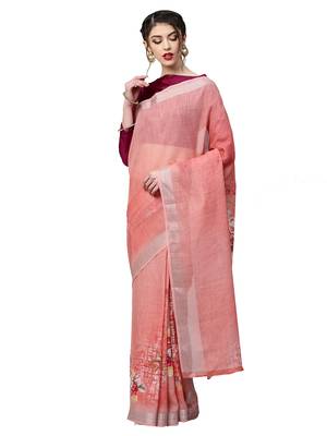 Peach Printed Linen Saree With Blouse 1