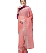 Peach Printed Linen Saree With Blouse
