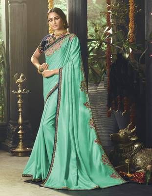 Turquoise Embroidered Satin Saree With Blouse 1