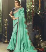 Turquoise Embroidered Satin Saree With Blouse