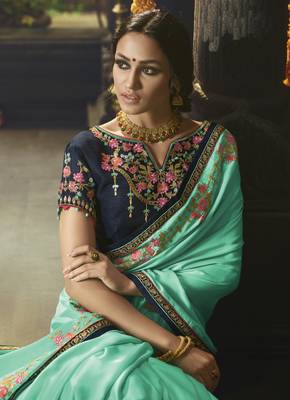 Turquoise Embroidered Satin Saree With Blouse 2
