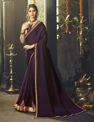 Wine Embroidered Silk Blend Saree With Blouse 1