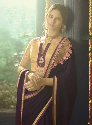 Wine Embroidered Silk Blend Saree With Blouse 2