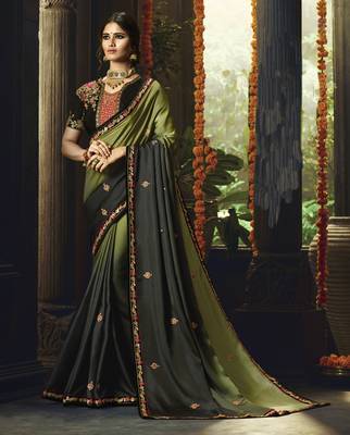 Olive Embroidered Silk Blend Saree With Blouse 1