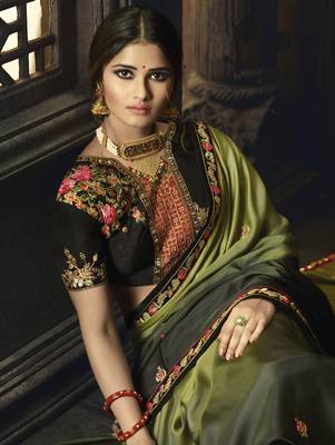 Olive Embroidered Silk Blend Saree With Blouse 2