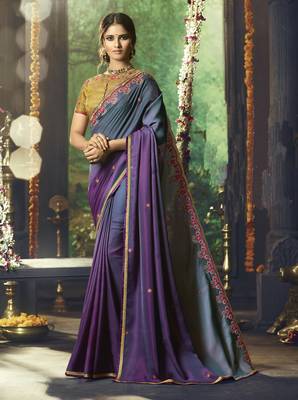 Violet Embroidered Silk Blend Saree With Blouse 1