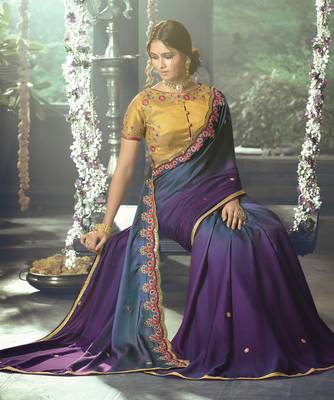 Violet Embroidered Silk Blend Saree With Blouse 2