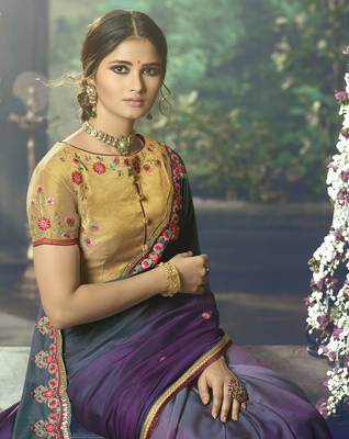 Violet Embroidered Silk Blend Saree With Blouse 3