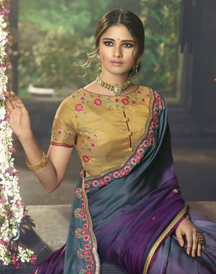 Violet Embroidered Silk Blend Saree With Blouse 4