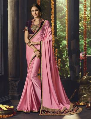 Baby Pink Embroidered Silk Blend Saree With Blouse 1