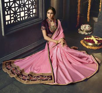Baby Pink Embroidered Silk Blend Saree With Blouse 2