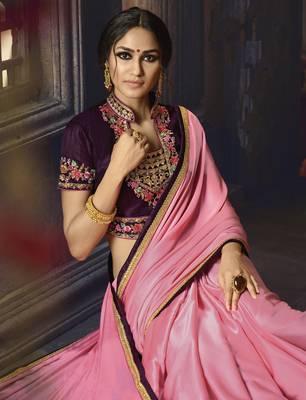 Baby Pink Embroidered Silk Blend Saree With Blouse 3