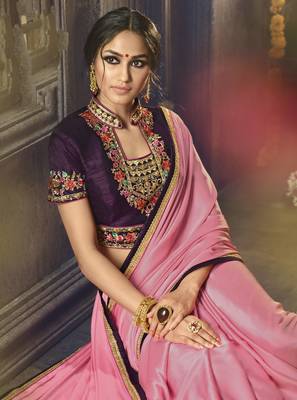 Baby Pink Embroidered Silk Blend Saree With Blouse 4