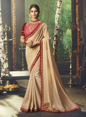 Chiku Embroidered Silk Blend Saree With Blouse 1